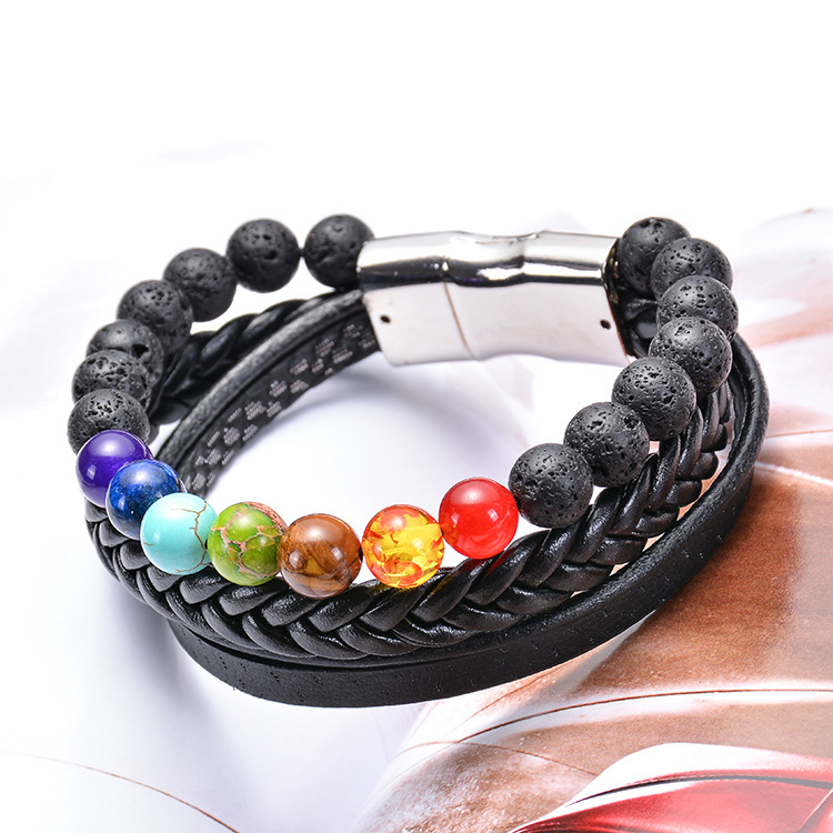 7 Chakras Lava Natural Healing Tiger Eye Stone Bead Bracelet for Men Women Genuine Leather Rope with Stainless Steel Magnetic Buckle