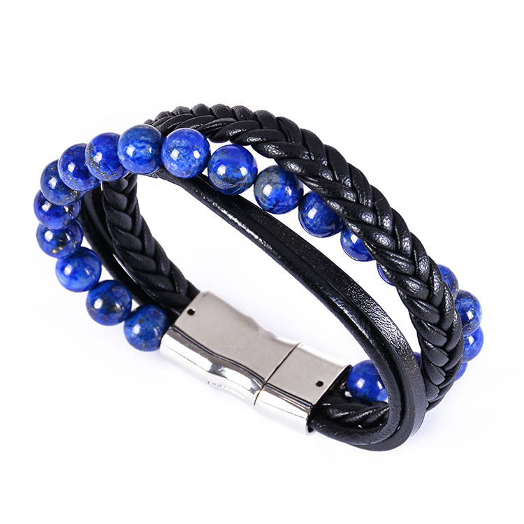 7 Chakras Lava Natural Healing Tiger Eye Stone Bead Bracelet for Men Women Genuine Leather Rope with Stainless Steel Magnetic Buckle