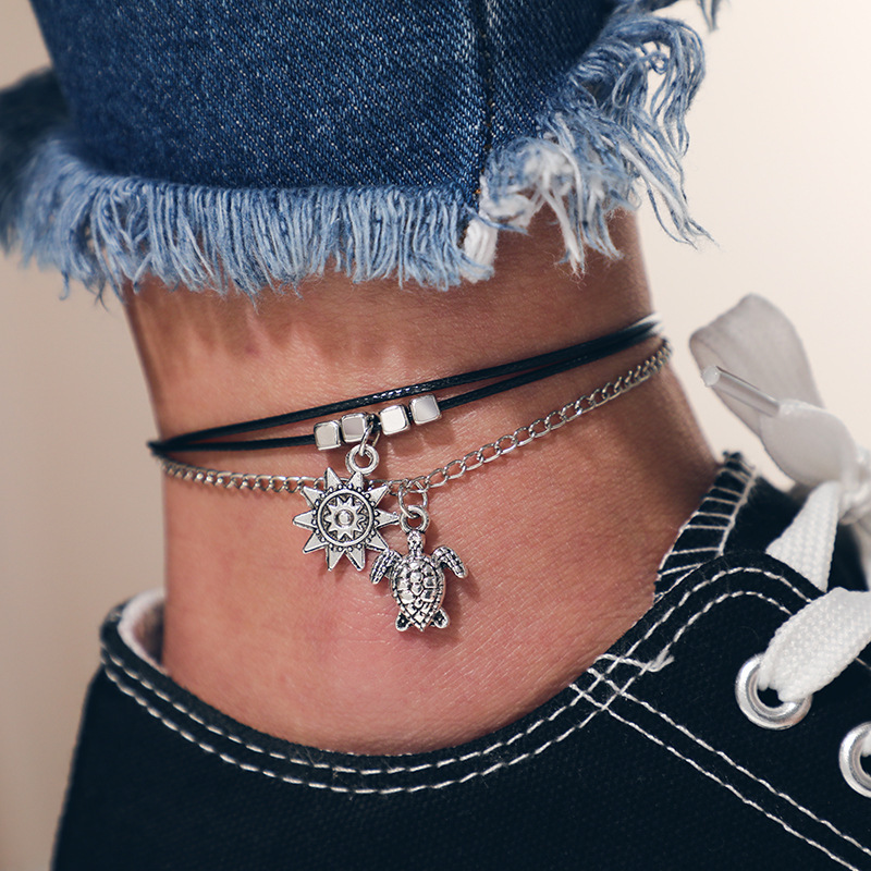 Boho Silver Alloy Tortoise Anklet Multi-Layer Beach Anklet Foot Charm Jewelry Gifts Women