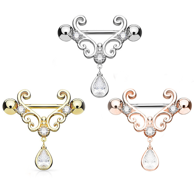 CZ Set Heart Filigree with Tear Drop CZ Dangle Nipple Bars Barbells Rings - 14G 316L Stainless Steel