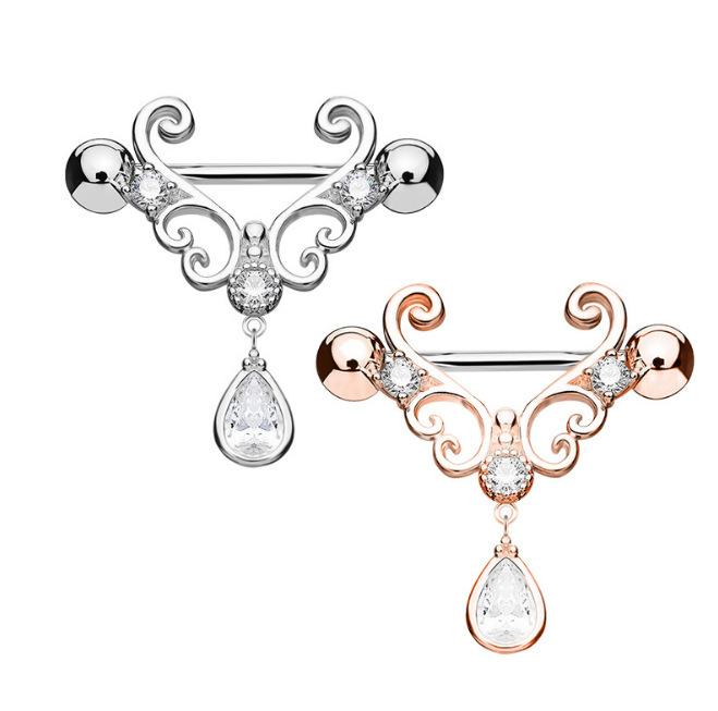 CZ Set Heart Filigree with Tear Drop CZ Dangle Nipple Bars Barbells Rings - 14G 316L Stainless Steel