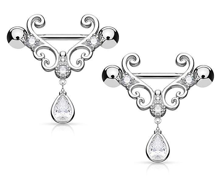 CZ Set Heart Filigree with Tear Drop CZ Dangle Nipple Bars Barbells Rings - 14G 316L Stainless Steel