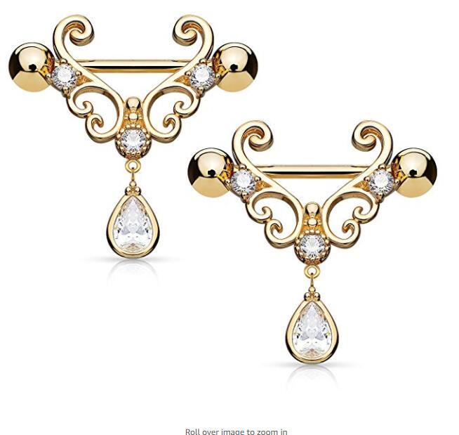 CZ Set Heart Filigree with Tear Drop CZ Dangle Nipple Bars Barbells Rings - 14G 316L Stainless Steel