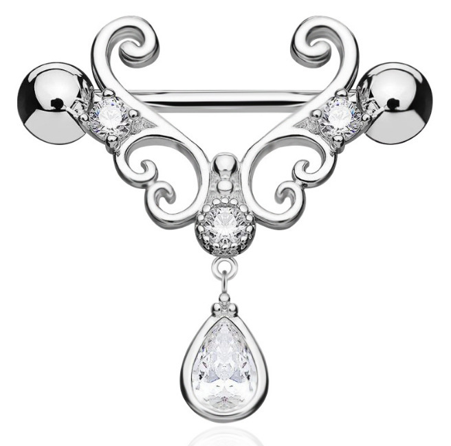 CZ Set Heart Filigree with Tear Drop CZ Dangle Nipple Bars Barbells Rings - 14G 316L Stainless Steel