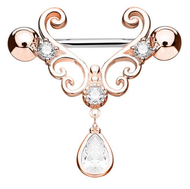 CZ Set Heart Filigree with Tear Drop CZ Dangle Nipple Bars Barbells Rings - 14G 316L Stainless Steel