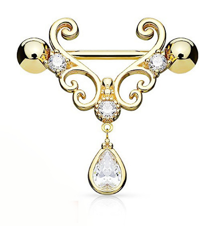 CZ Set Heart Filigree with Tear Drop CZ Dangle Nipple Bars Barbells Rings - 14G 316L Stainless Steel