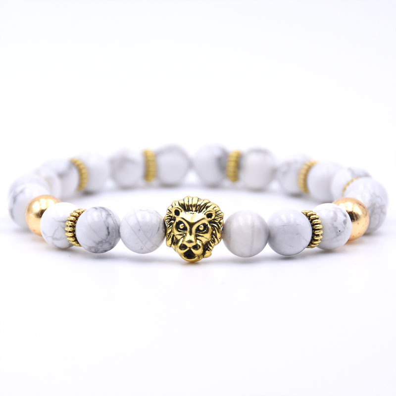 Gold Plated Lion Head Beaded Healing Stones Wrap Bracelet for Mens & Women