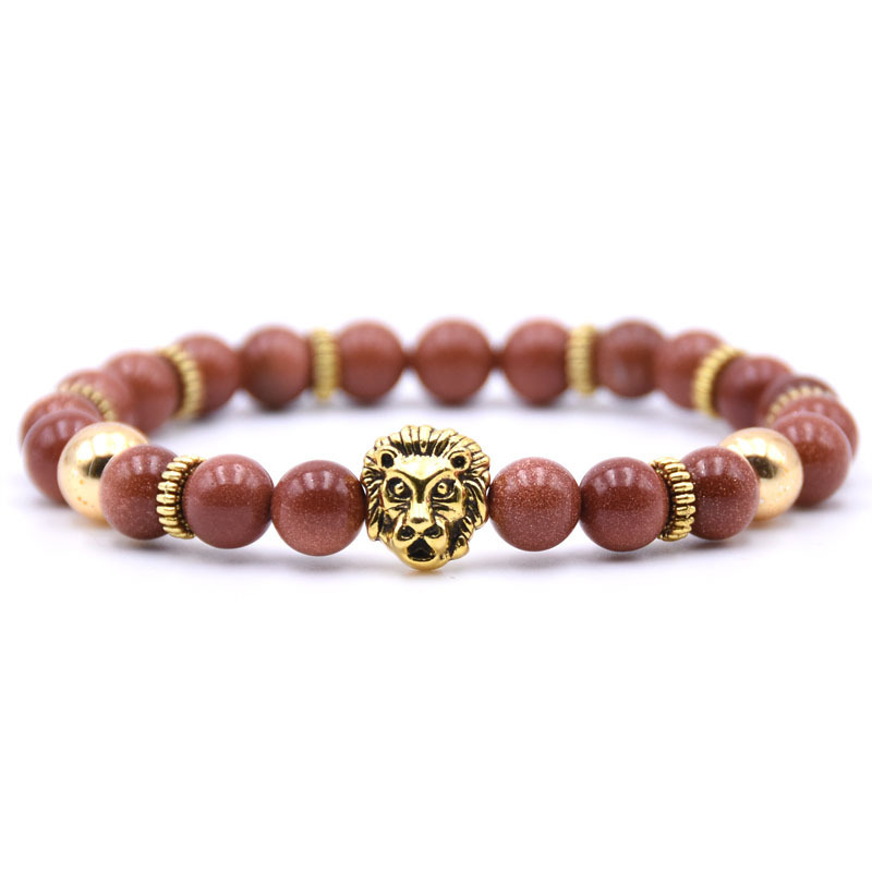 Gold Plated Lion Head Beaded Healing Stones Wrap Bracelet for Mens & Women