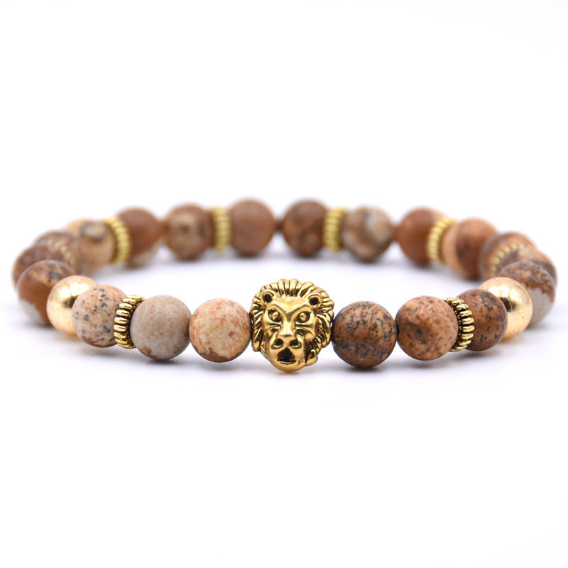Gold Plated Lion Head Beaded Healing Stones Wrap Bracelet for Mens & Women