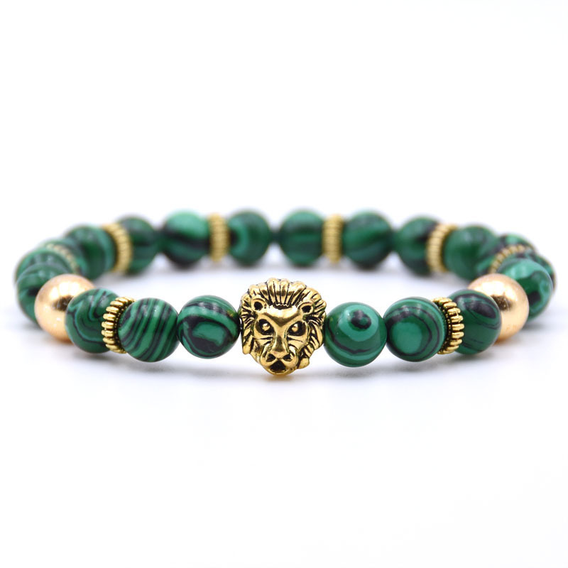 Gold Plated Lion Head Beaded Healing Stones Wrap Bracelet for Mens & Women