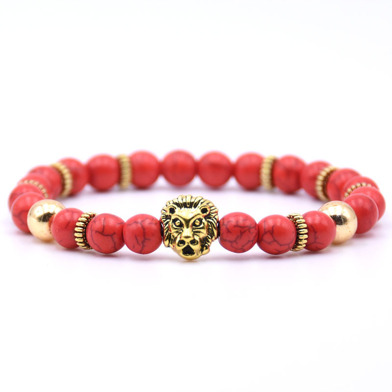 Gold Plated Lion Head Beaded Healing Stones Wrap Bracelet for Mens & Women