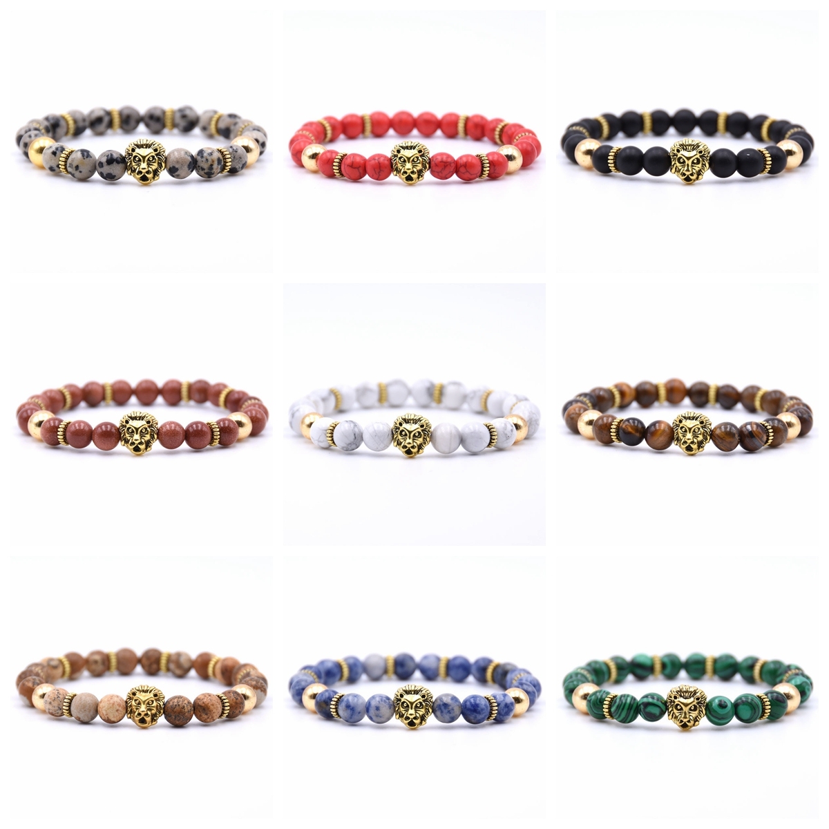 Gold Plated Lion Head Beaded Healing Stones Wrap Bracelet for Mens & Women
