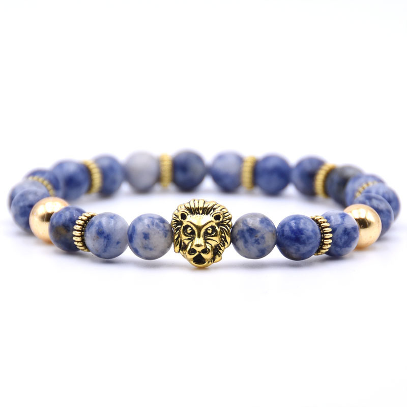 Gold Plated Lion Head Beaded Healing Stones Wrap Bracelet for Mens & Women