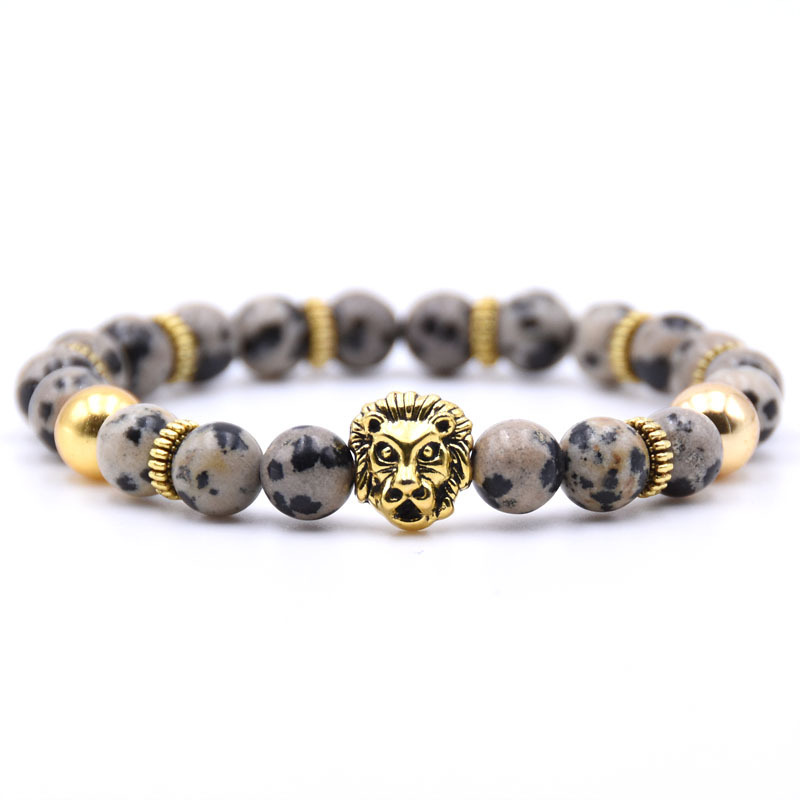 Gold Plated Lion Head Beaded Healing Stones Wrap Bracelet for Mens & Women