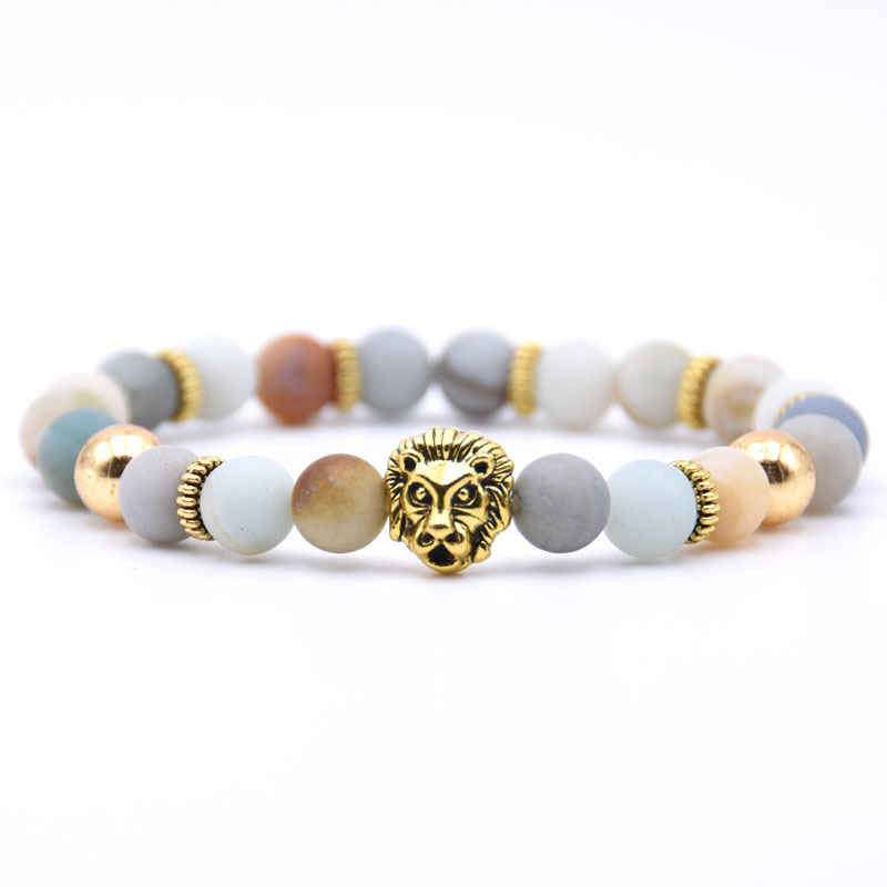 Gold Plated Lion Head Beaded Healing Stones Wrap Bracelet for Mens & Women