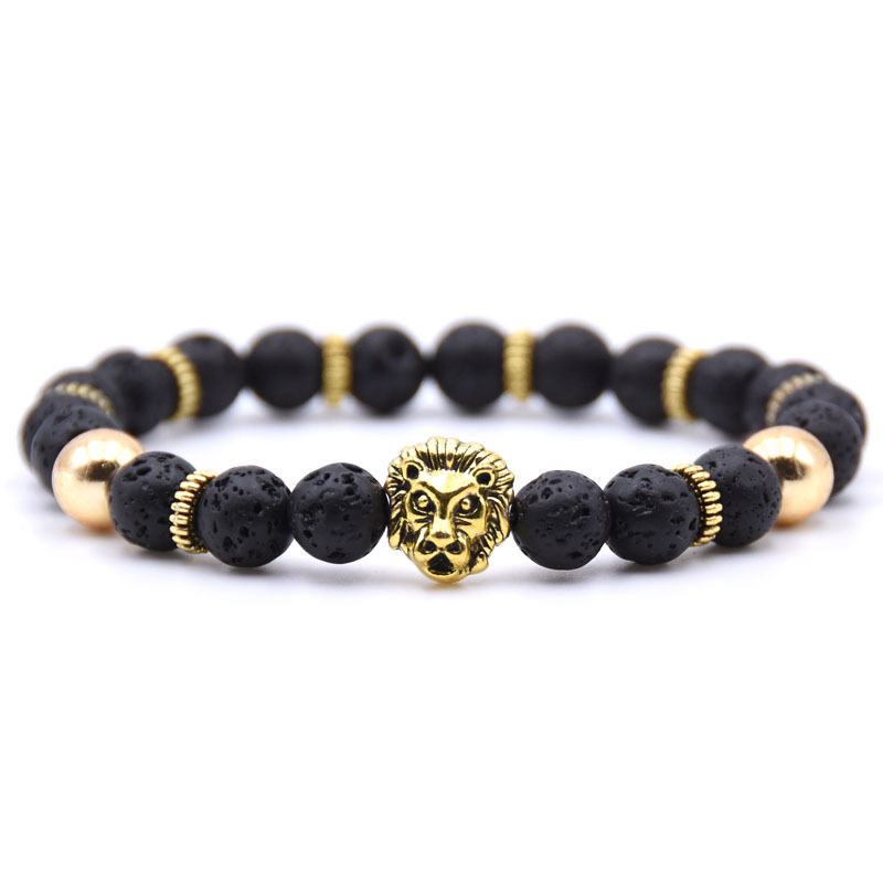 Gold Plated Lion Head Beaded Healing Stones Wrap Bracelet for Mens & Women