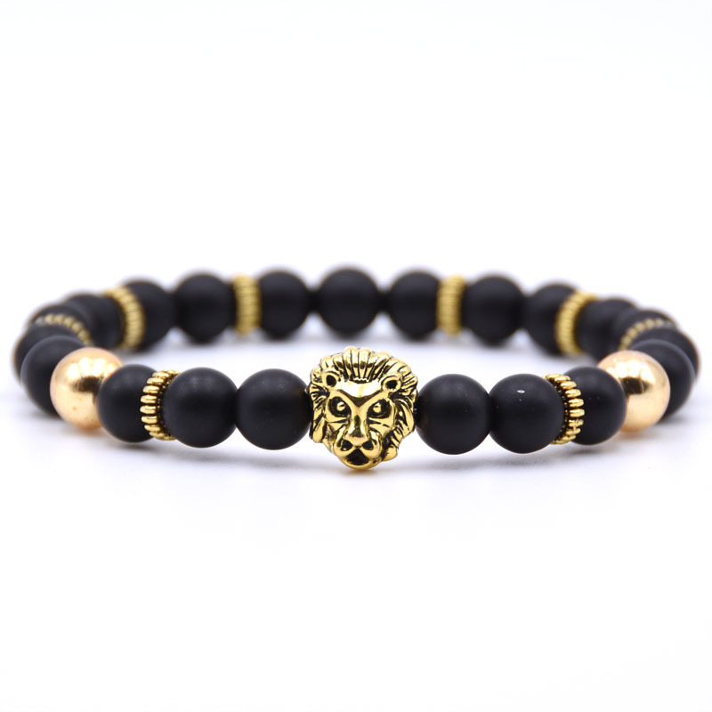 Gold Plated Lion Head Beaded Healing Stones Wrap Bracelet for Mens & Women