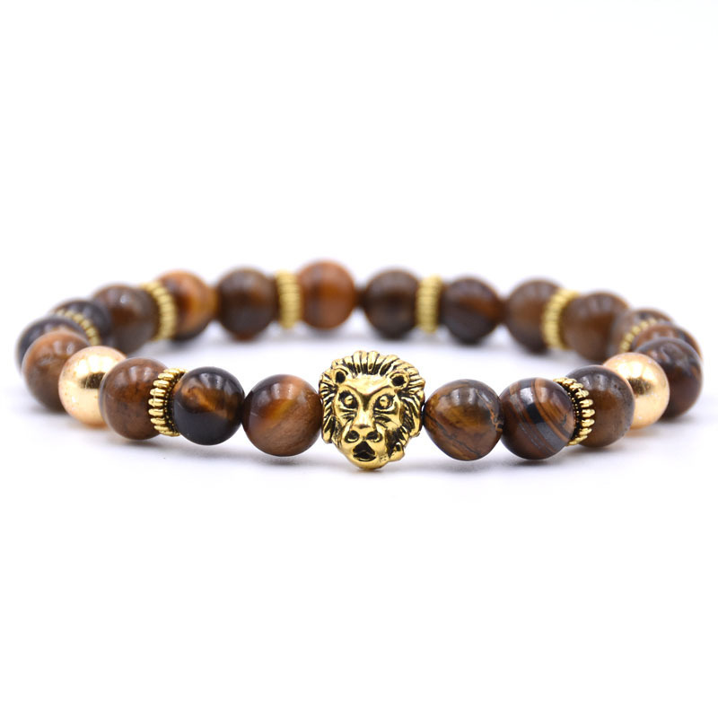 Gold Plated Lion Head Beaded Healing Stones Wrap Bracelet for Mens & Women