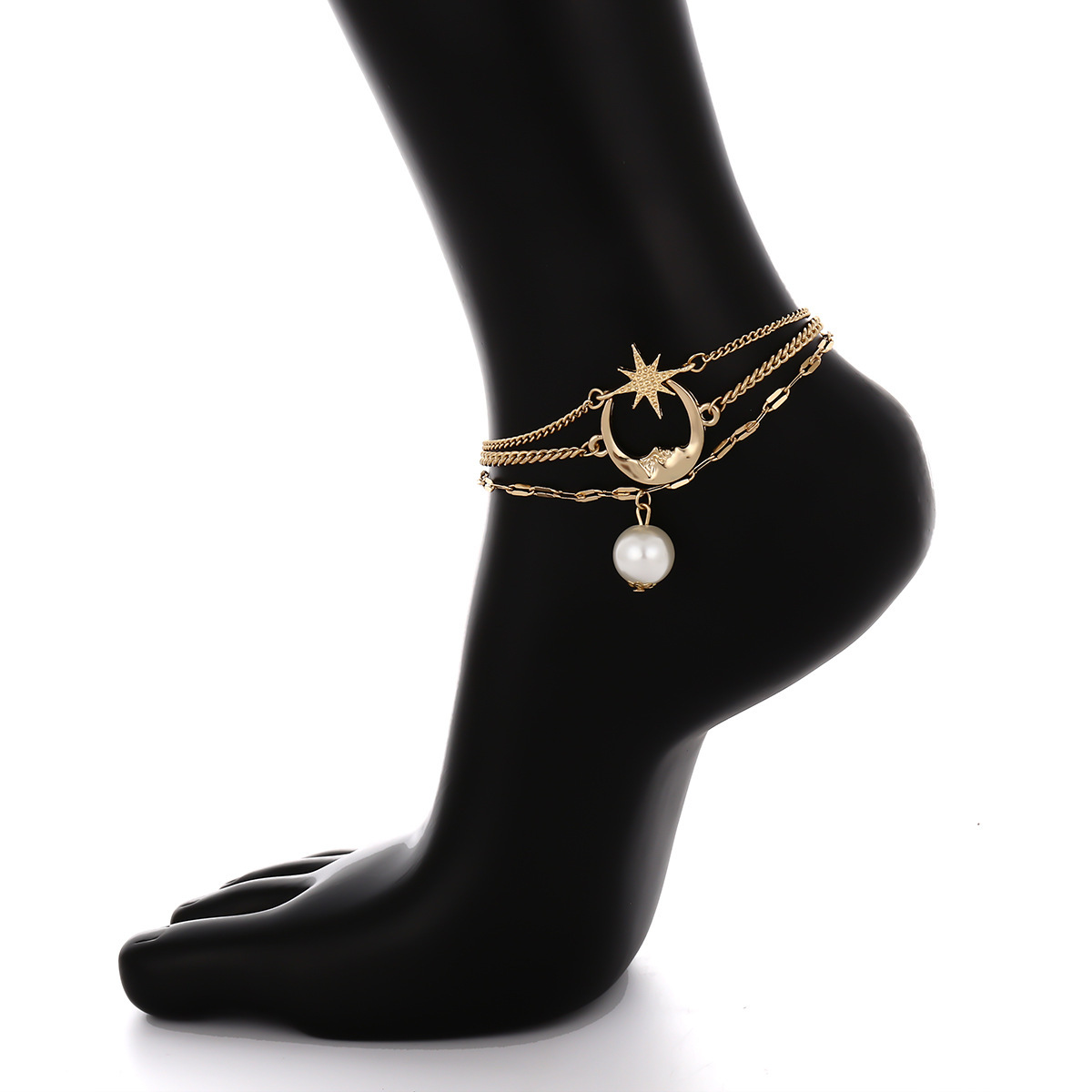 Anklet Bracelet, Star Moon Pearl Ankle Bracelet for Women, 3-Layer Chain Ankle Bracelets, Beach Anklet Bracelet, Adjustable Barefoot Sandals Beach Foo