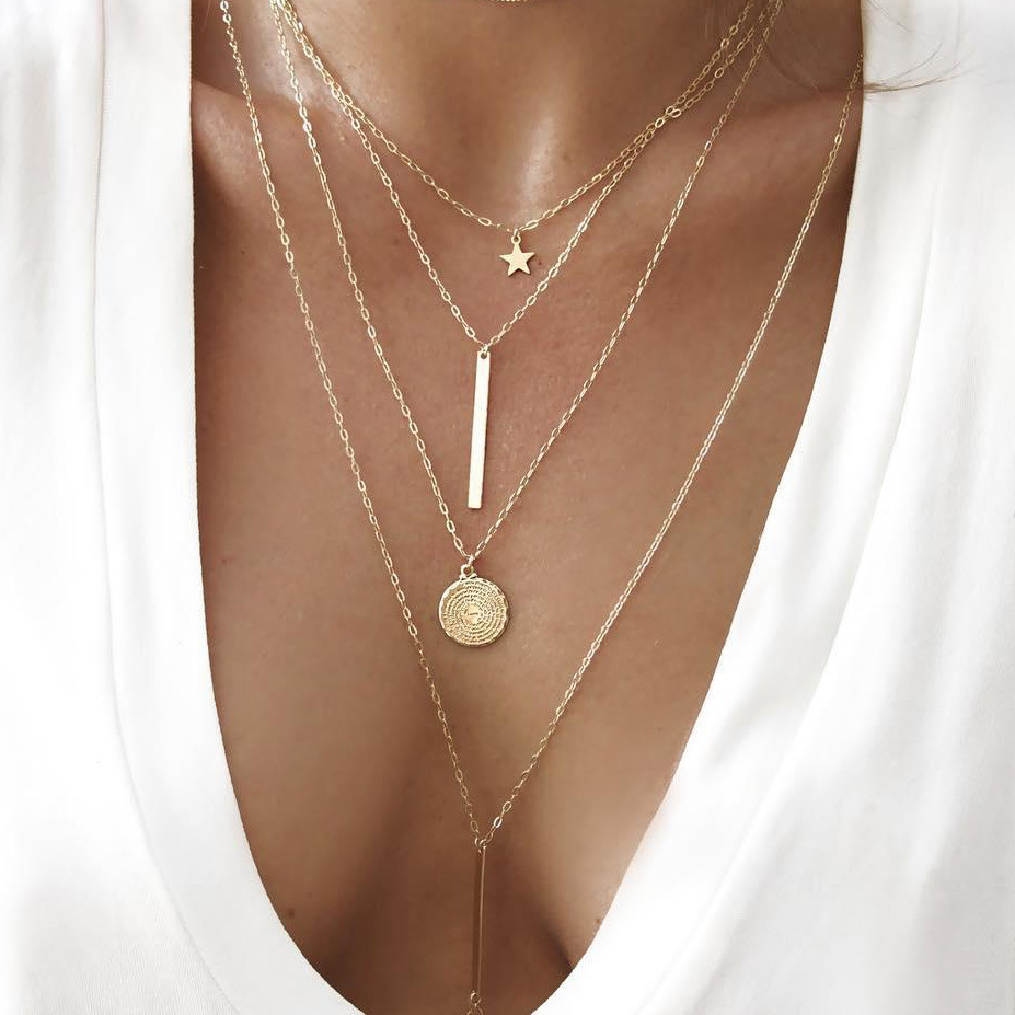 Multi-Layer Moon Necklace Choker with Long Chain for Women and Girls