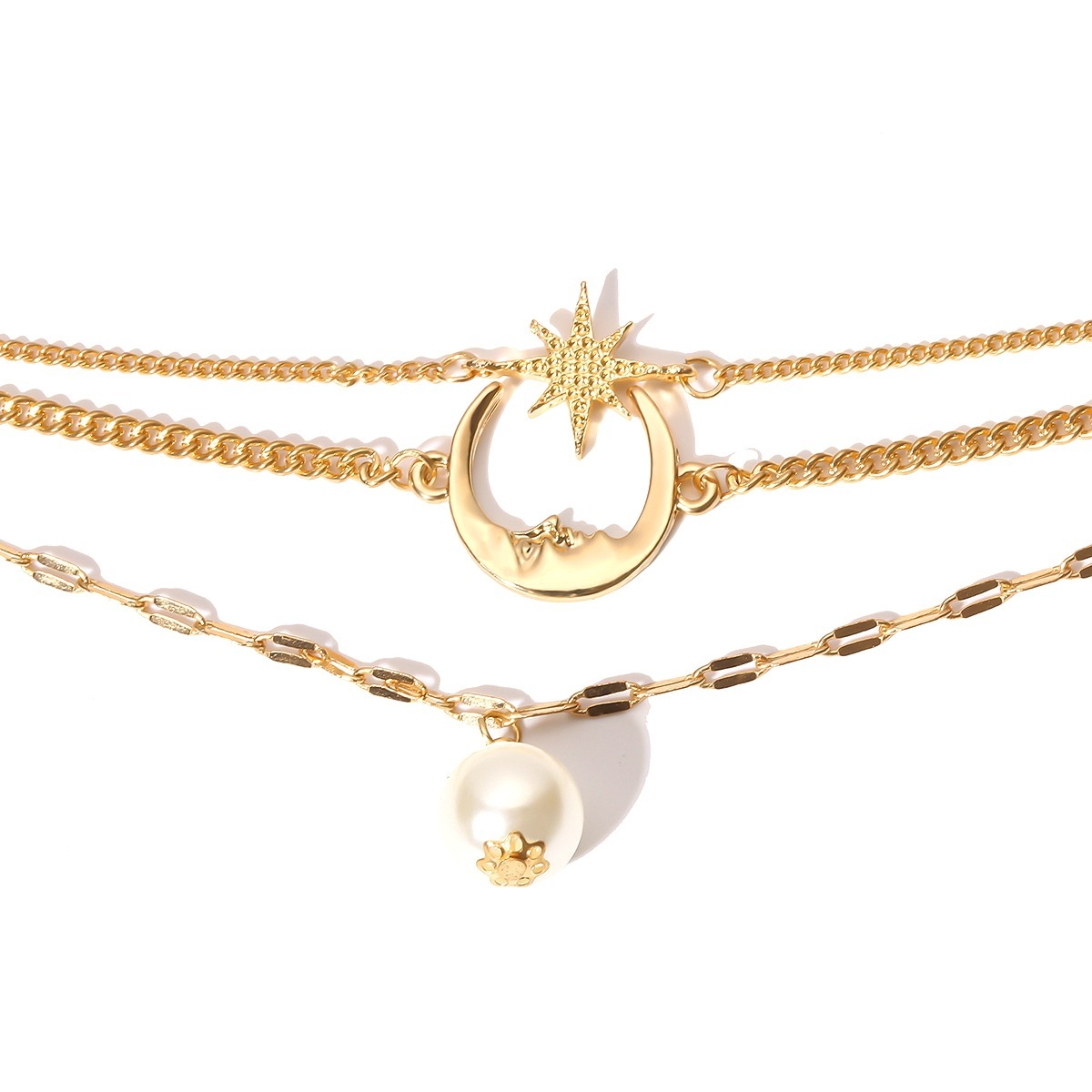 Anklet Bracelet, Star Moon Pearl Ankle Bracelet for Women, 3-Layer Chain Ankle Bracelets, Beach Anklet Bracelet, Adjustable Barefoot Sandals Beach Foo