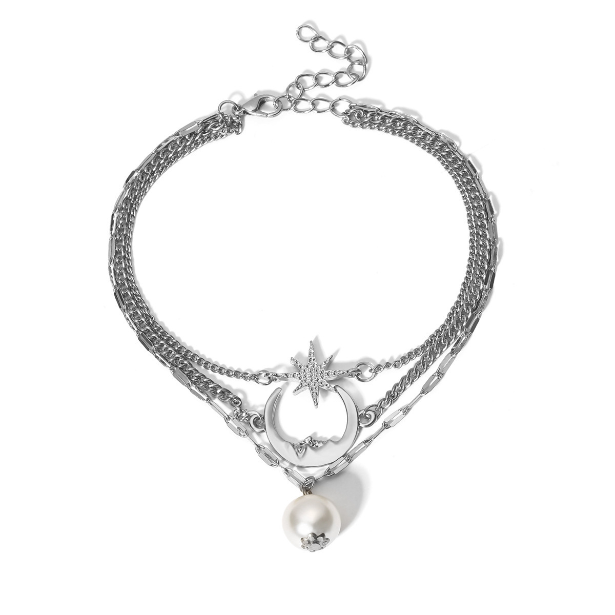 Anklet Bracelet, Star Moon Pearl Ankle Bracelet for Women, 3-Layer Chain Ankle Bracelets, Beach Anklet Bracelet, Adjustable Barefoot Sandals Beach Foo