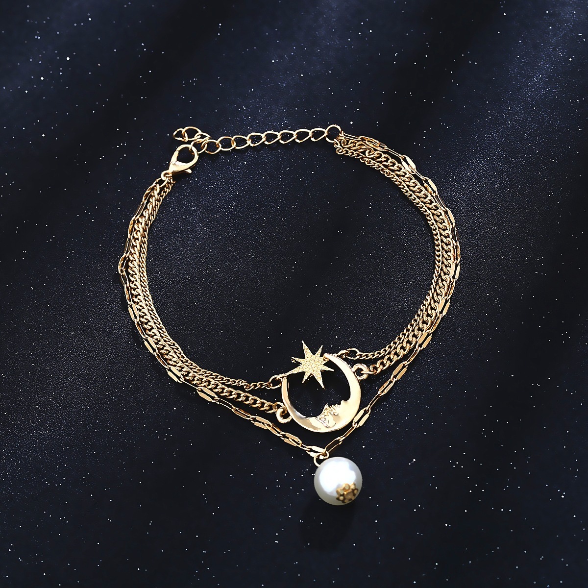 Anklet Bracelet, Star Moon Pearl Ankle Bracelet for Women, 3-Layer Chain Ankle Bracelets, Beach Anklet Bracelet, Adjustable Barefoot Sandals Beach Foo