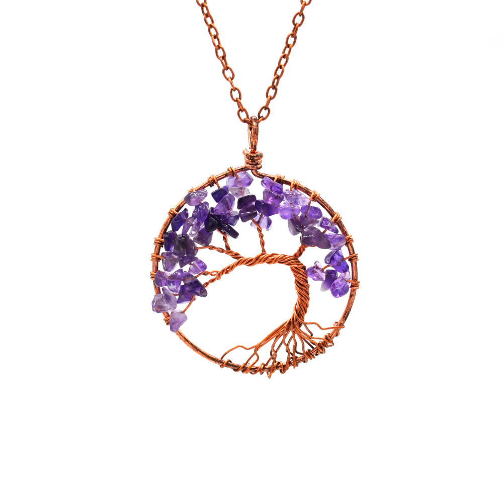 7 Chakra Chip Stone Bronze Color Tree Pendant Necklace