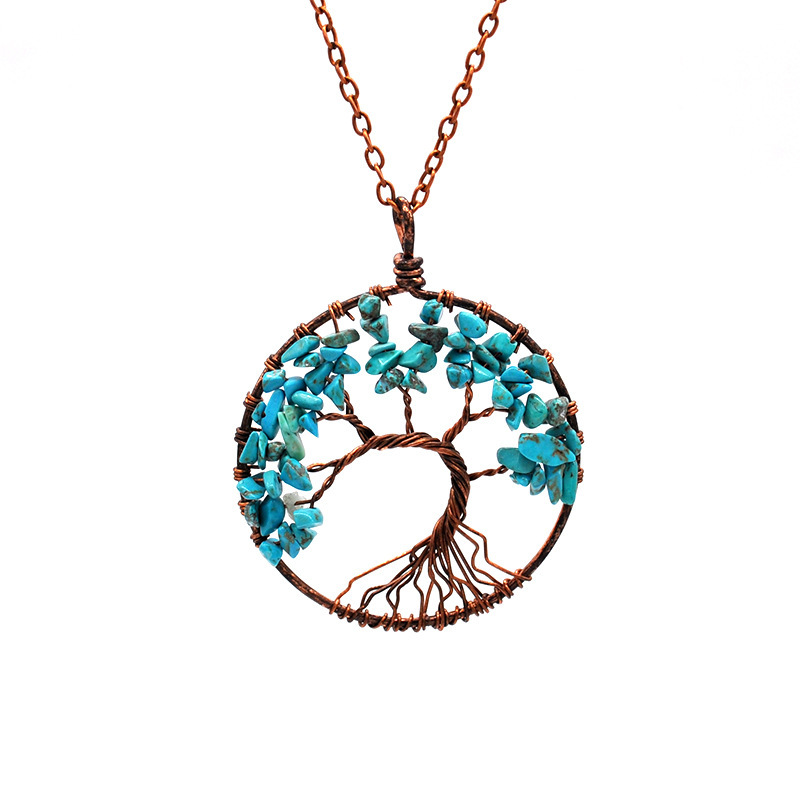 7 Chakra Chip Stone Bronze Color Tree Pendant Necklace
