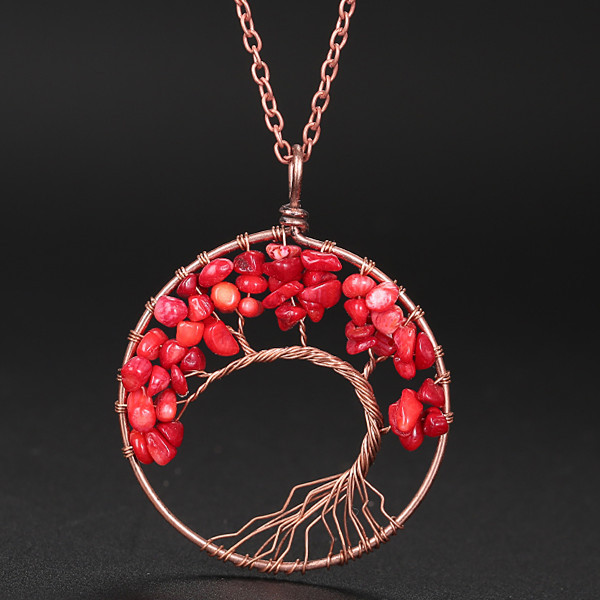 7 Chakra Chip Stone Bronze Color Tree Pendant Necklace