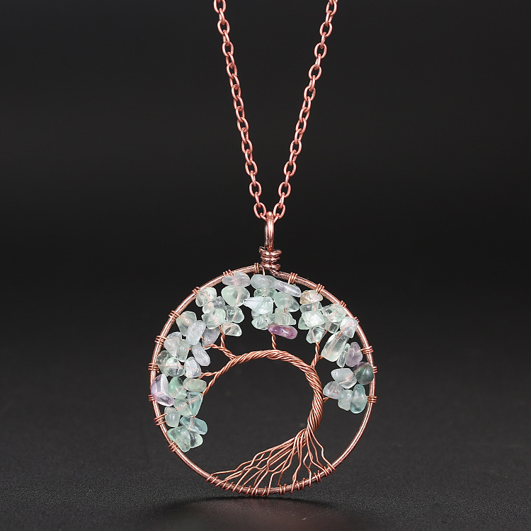 7 Chakra Chip Stone Bronze Color Tree Pendant Necklace