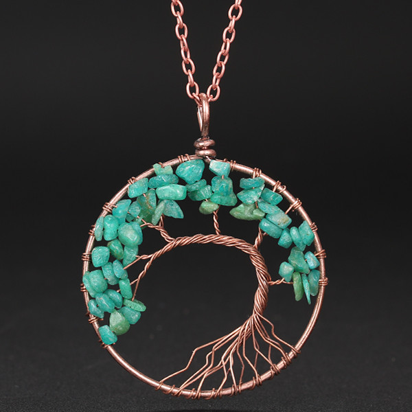 7 Chakra Chip Stone Bronze Color Tree Pendant Necklace