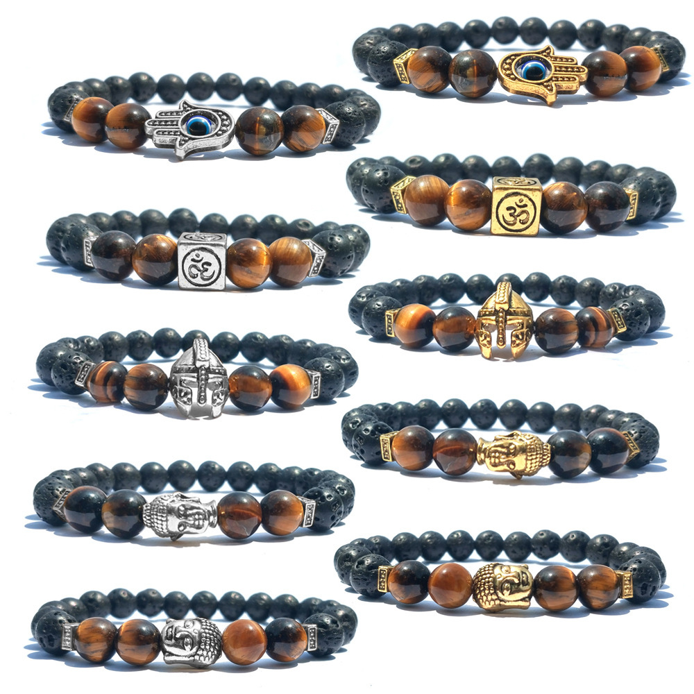 8MM Tiger Eye Silver Alloy Lava Stone Bracelet