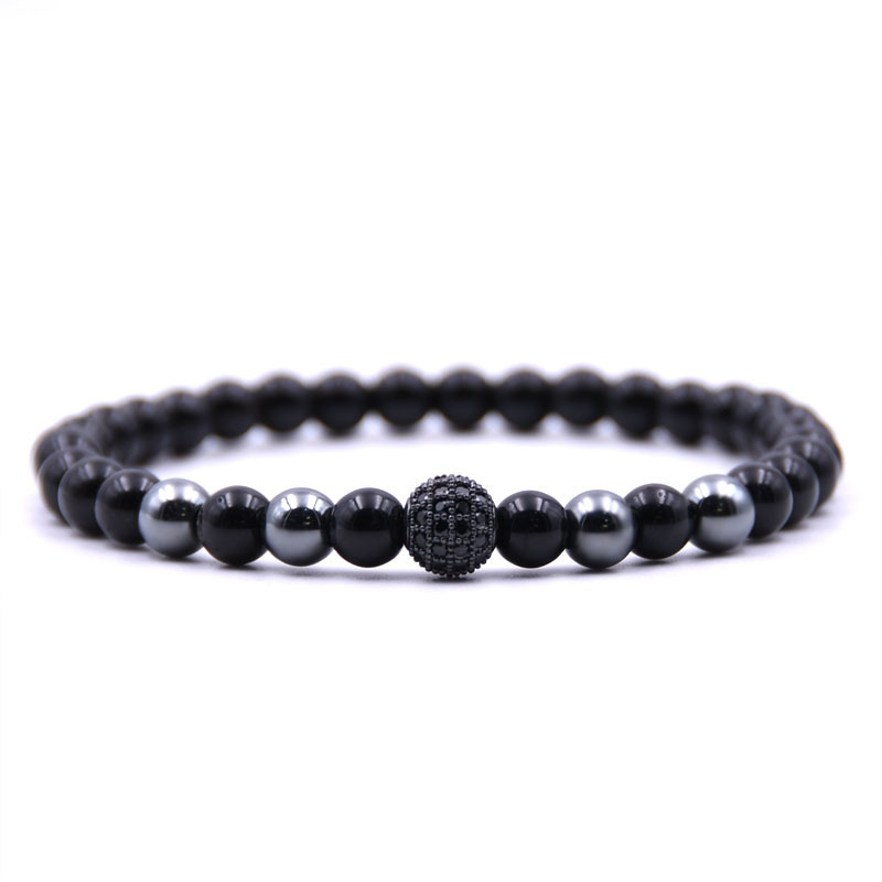 CZ Rhinestone  6MM Black Onyx Beads Bracelet