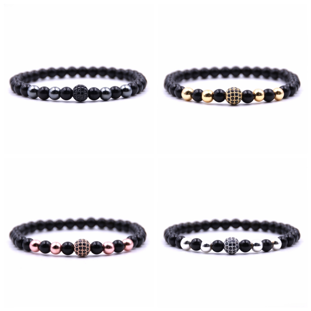 CZ Rhinestone  6MM Black Onyx Beads Bracelet