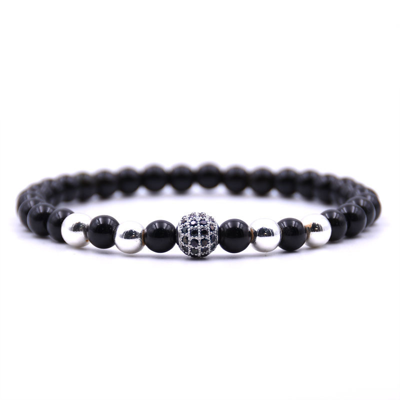 CZ Rhinestone  6MM Black Onyx Beads Bracelet