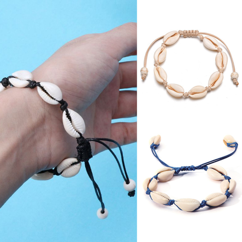 Handwoven Cobalt Shell Anklet Bracelets Natural Cowrie Beads Hawaiian Beach Foot Jewelry for Women Girl