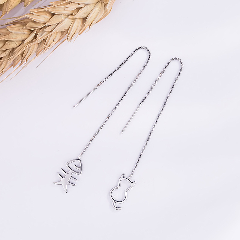 Cat and Fish 925 Sterling Silver Threader Earrings