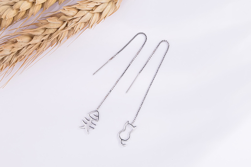 Cat and Fish 925 Sterling Silver Threader Earrings