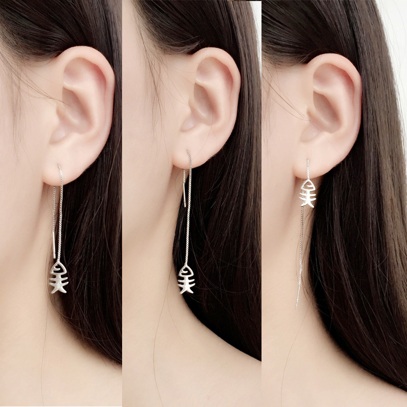 Cat and Fish 925 Sterling Silver Threader Earrings