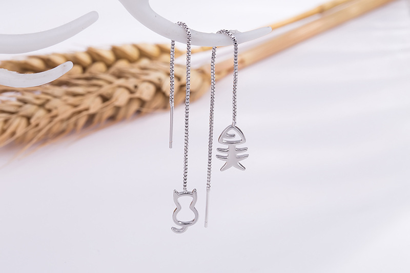 Cat and Fish 925 Sterling Silver Threader Earrings