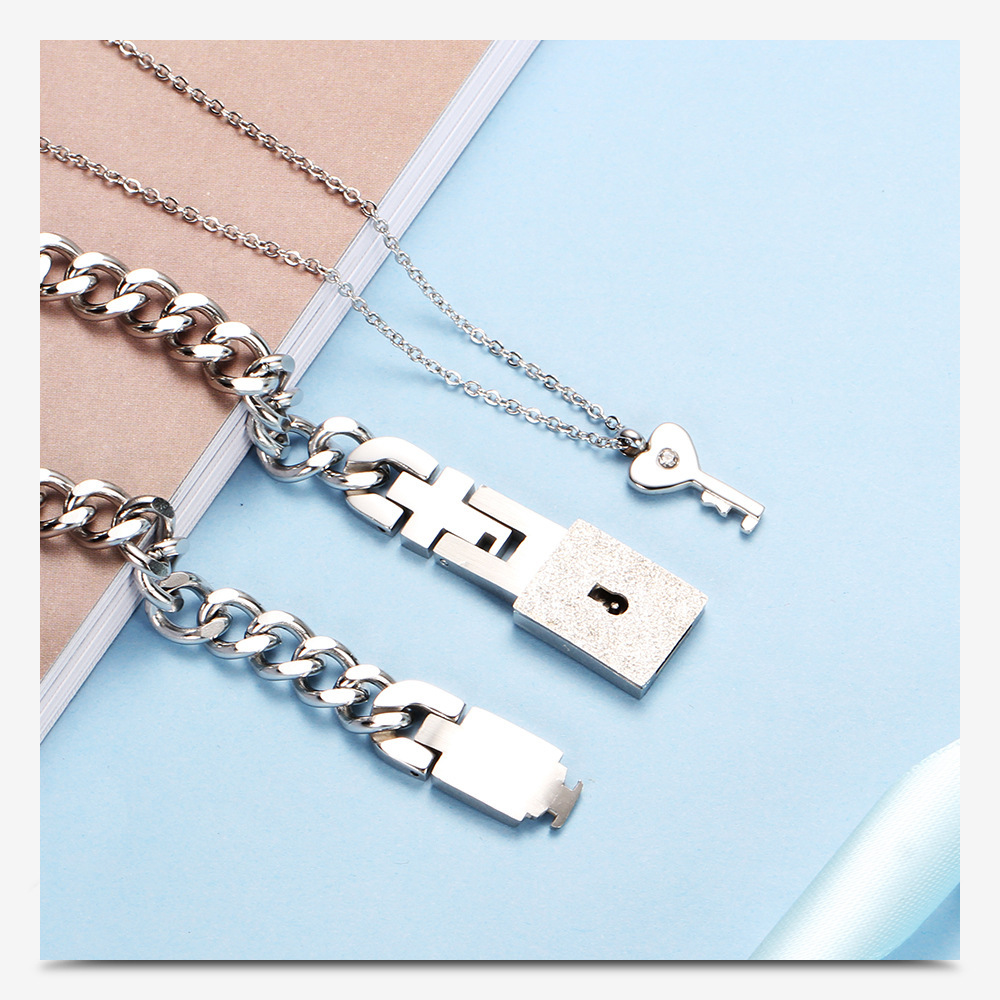 His and Hers Matching Set Couple Titanium"Only You Have My Key" Bangle Bracelet  and Necklace