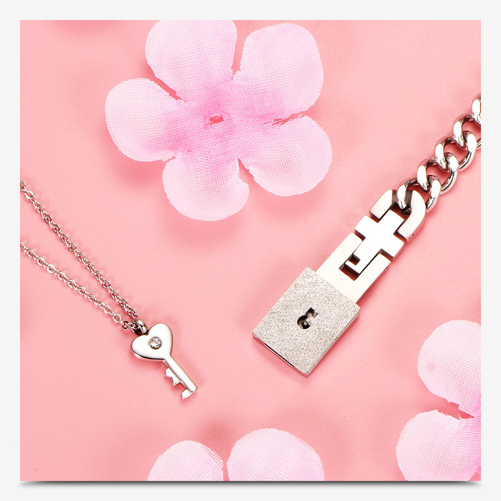 His and Hers Matching Set Couple Titanium"Only You Have My Key" Bangle Bracelet  and Necklace