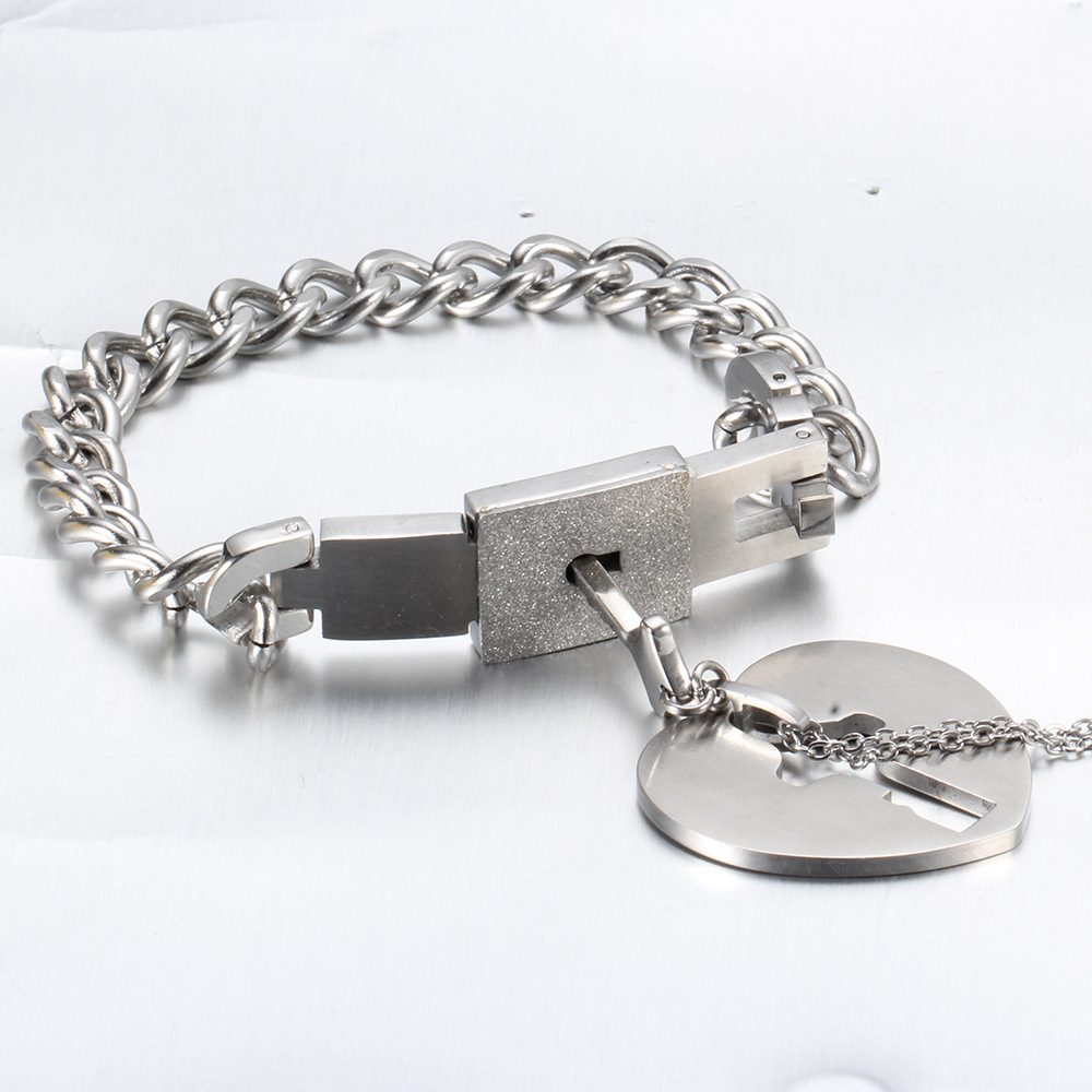 His and Hers Matching Set Couple Titanium"Only You Have My Key" Bangle Bracelet  and Necklace