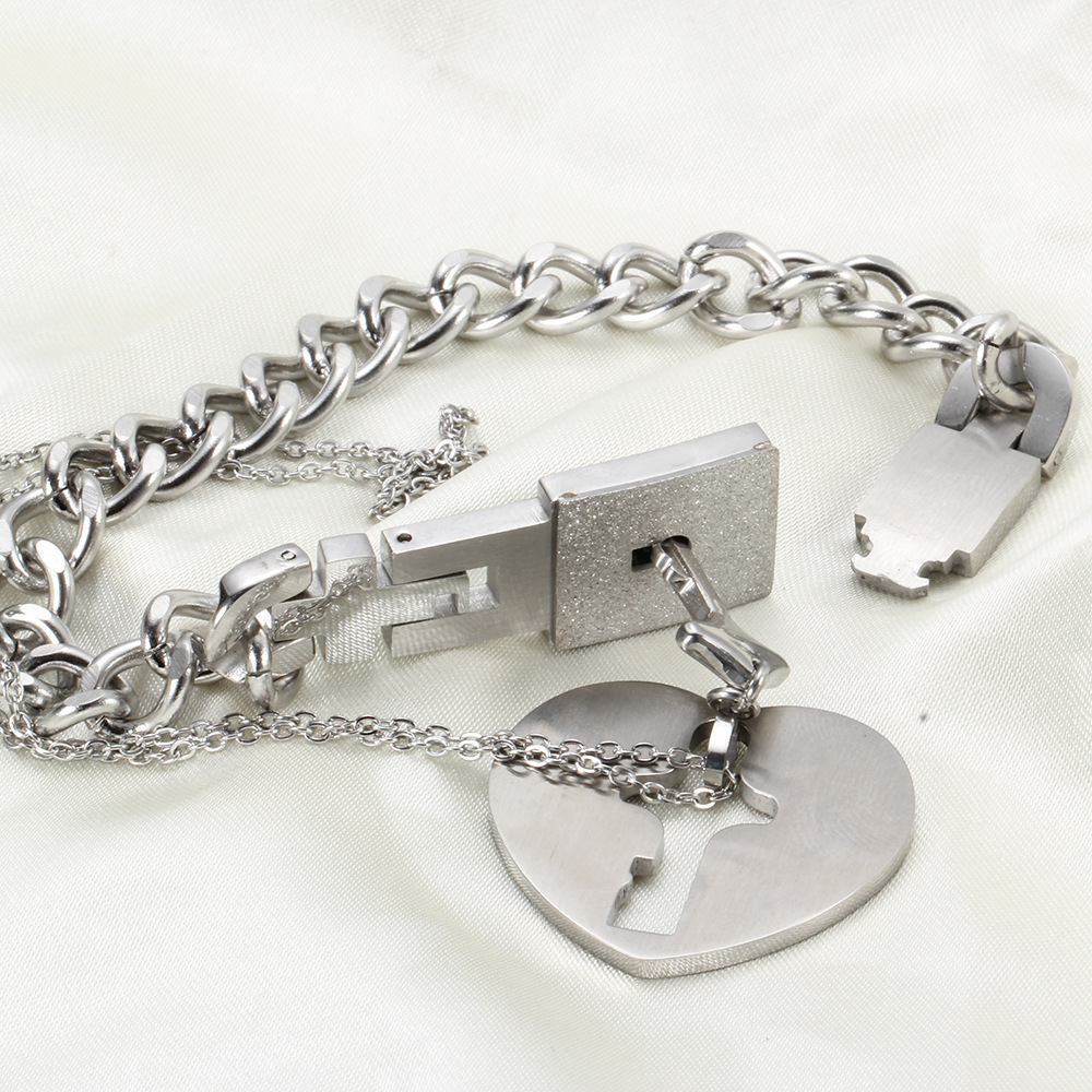 His and Hers Matching Set Couple Titanium"Only You Have My Key" Bangle Bracelet  and Necklace