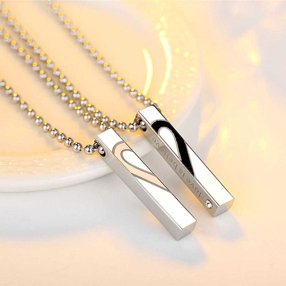 Couples Necklace with Rectangle Titanium Stainless Steel Pendant,His & Hers Matching Set Lovers Gift(Love Devotion)
