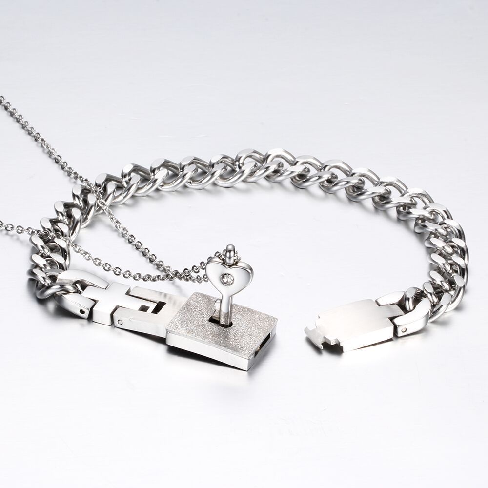 His and Hers Matching Set Couple Titanium"Only You Have My Key" Bangle Bracelet  and Necklace