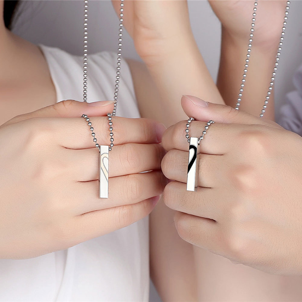 Couples Necklace with Rectangle Titanium Stainless Steel Pendant,His & Hers Matching Set Lovers Gift(Love Devotion)