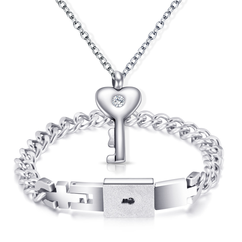 His and Hers Matching Set Couple Titanium"Only You Have My Key" Bangle Bracelet  and Necklace