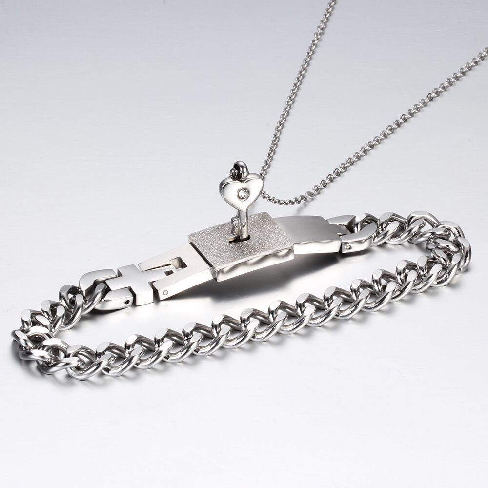 His and Hers Matching Set Couple Titanium"Only You Have My Key" Bangle Bracelet  and Necklace